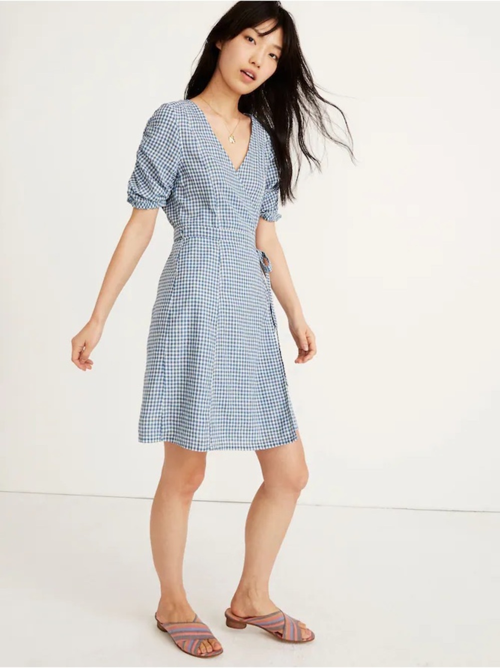 Madewell Gingham Shirred-Sleeve Wrap Dress Indigo Gingham Size XS